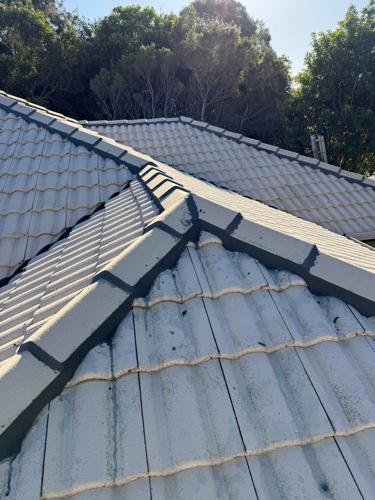 Tired roof before restoration: Faded tiles, failing ridge lines